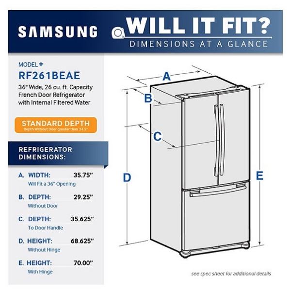Samsung RF261BEAESR French Door Refrigerator, 36" Width, Freezer