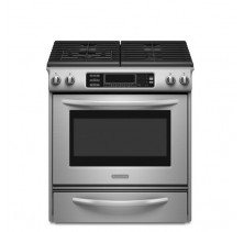 Kitchen Aid KGSS907S Slide In Gas Range, 30in, 4.1 cu.ft, with EasyConvect Time and Temperature Conversion System, TripleTier BTU burner and Full-width cast-iron grates with sealed burners 