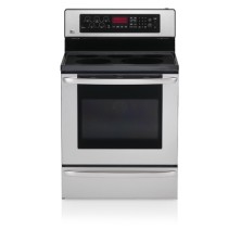 LG LSC5683W Freestanding Electric Range, 30 in, 5.6 cu.ft, with VFD scroll display, European Convection system (800w heater), Three racks (one split), 1.2 cu.ft Warming drawer (blue porcelain), Vista 