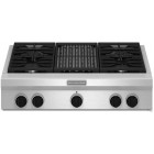 Kitchen Aid KGCU462VSS Gas Cooktop, 36in, (Commercial Style) with 4 Sealed Burners, 18,000 BTU Gas Grill, Black Cast-Iron Continuous Grates and 20,000 BTU Power Dual-Flame Burner