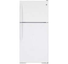 GE GTRC0KBZRWW White Top Mount Refrigerator, 20 cu.ft. NeverClean Condenser, Upfront Temperature Controls, Gallon Door Storage, Clear Snack Pan and Reversible Door  White