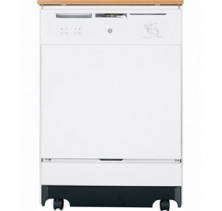 GE GSC3500VWW White Portable Dishwasher, 24 7/8 in, with 4 Touch Tap, 4 Levels, 5 Cycles, 2 Options, Candlelight Woodgrain and Energy Star Rated White