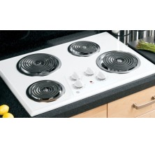 GE JP328WKWW White On White Electric Cooktop, 30in, with Removable One-Piece Drip Bowls, Upfront Controls, Lift Up Cooktop and On indicator Light   White on White