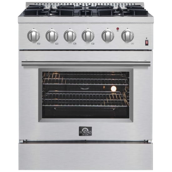 Forno Dual Fuel Range, 4.32 cu. ft. Capacity, 30 inch Exterior Width, True Convection, 4 Burners, Air Fry, Manual Clean, Stainless Steel colour
