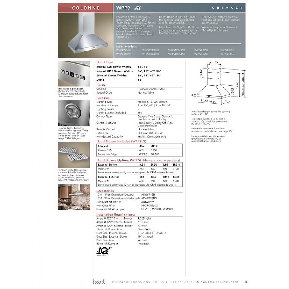 WPP9IQ36SB Hotte de cuisinière Best Canada Vente! Meilleur prix et