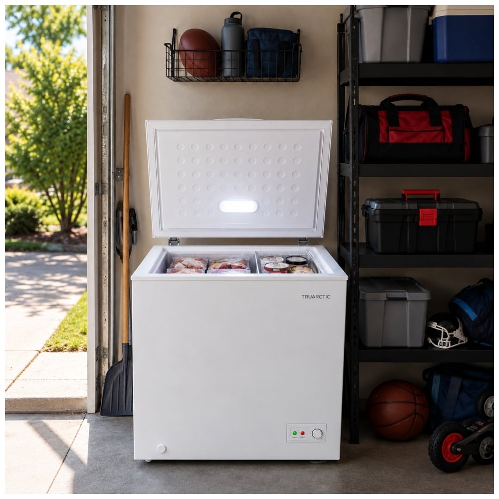 TruArctic 5 cu. ft. chest freezer in a home garage setting with open lid, interior LED light and frozen food storage.
