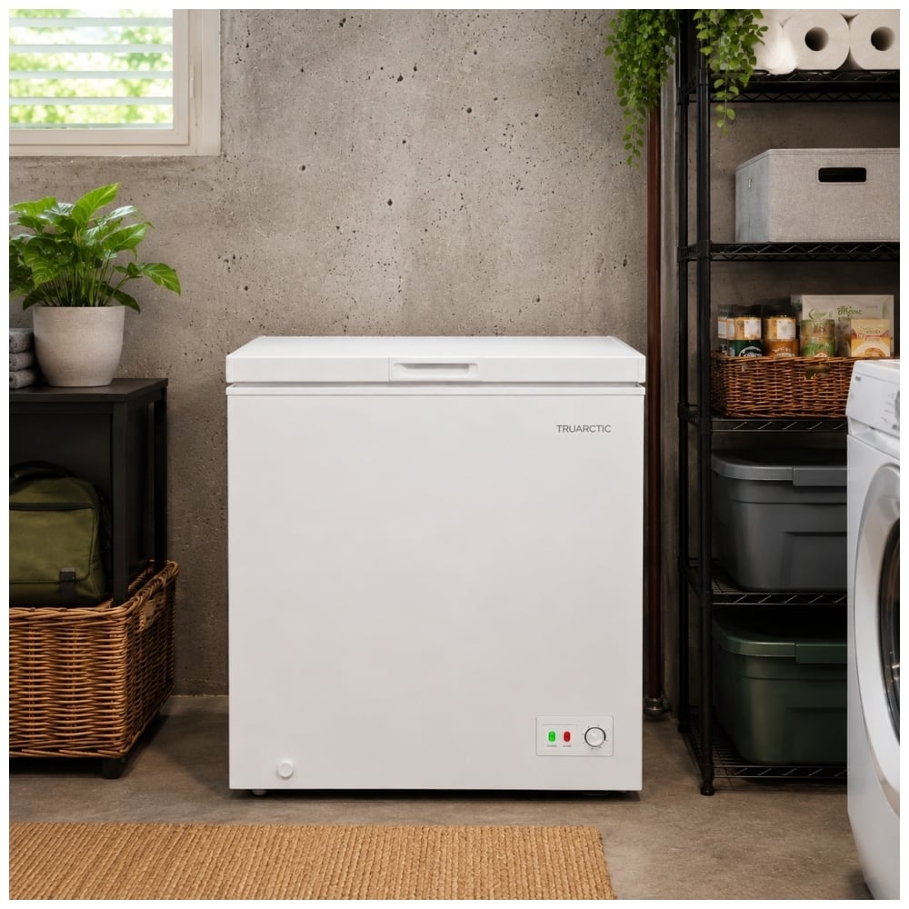 TruArctic 5 cu. ft. compact chest freezer in a home laundry and storage area, showing its space-saving white design and front temperature control.