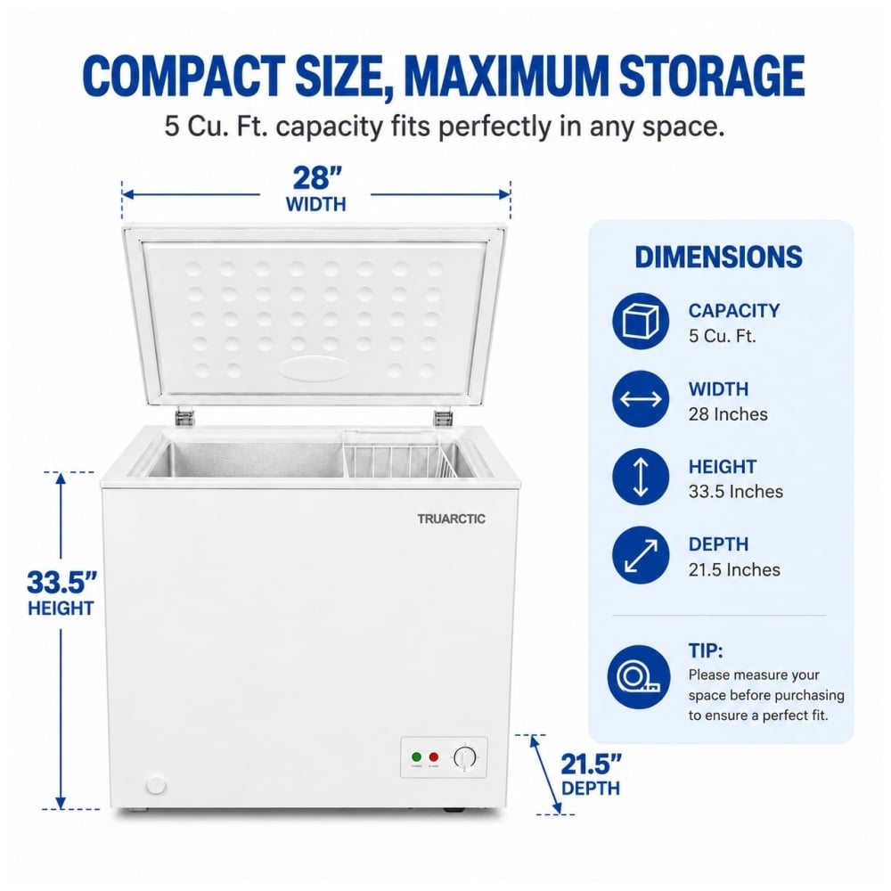 TruArctic 5 cu. ft. compact chest freezer with 28 inch width, 33.5 inch height and 21.5 inch depth dimensions.