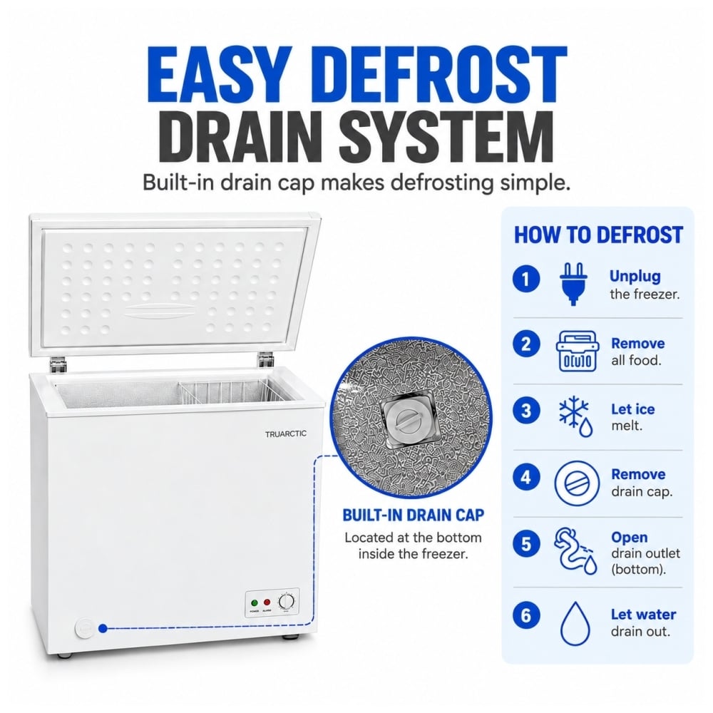 TruArctic 5 cu. ft. chest freezer with easy defrost drain system, built-in drain cap and illustrated manual defrost steps.