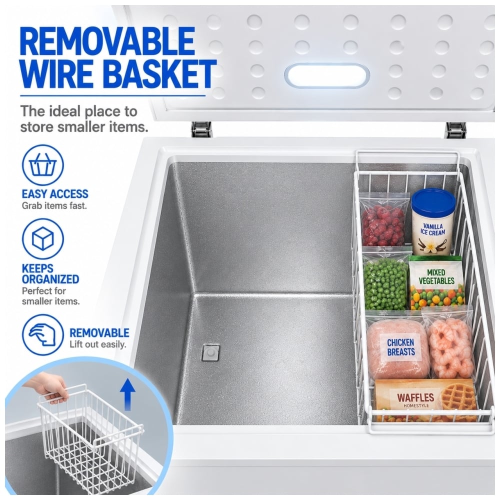 TruArctic 5 cu. ft. chest freezer with removable wire basket holding smaller frozen foods for easy access and organized storage.