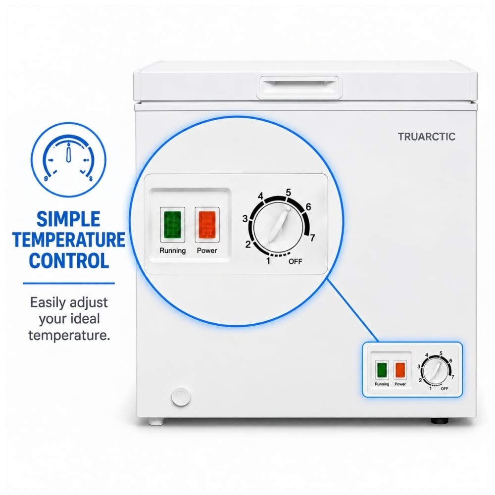 TruArctic 5 cu. ft. chest freezer with mechanical temperature control dial, seven settings and power indicator lights.