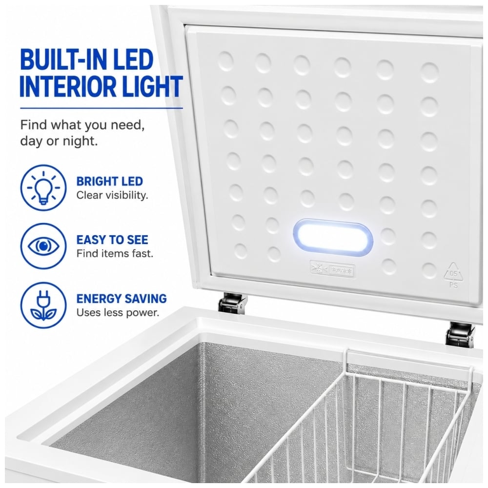 TruArctic 5 cu. ft. chest freezer with built-in LED interior light illuminating the storage chamber and removable wire basket.