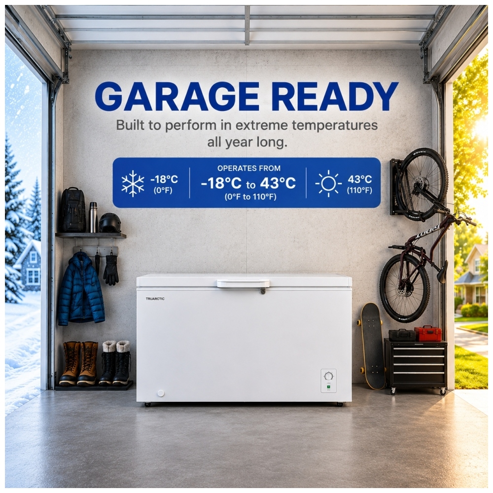 TruArctic chest freezer shown in a garage setting with year-round operating temperature range from -18°C to 43°C for cold and hot conditions.