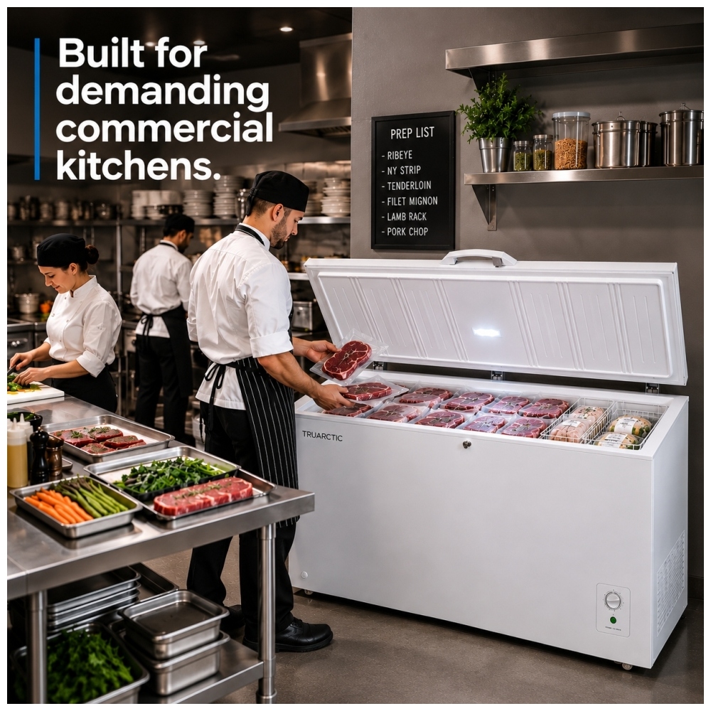 TruArctic chest freezer in a busy commercial kitchen with chefs storing packaged meats, highlighting spacious food storage for restaurant use.
