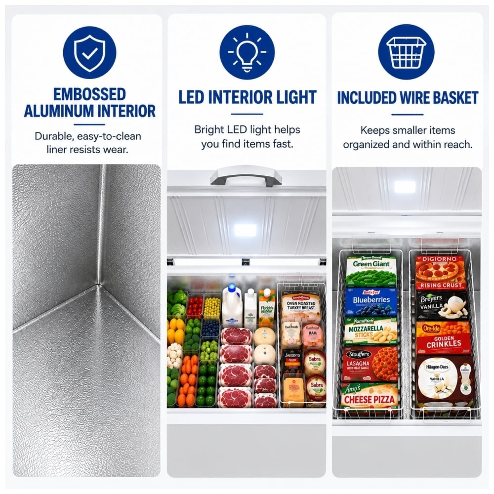 TruArctic chest freezer featuring an embossed aluminum interior, bright LED interior light and wire storage baskets for organized frozen food storage.