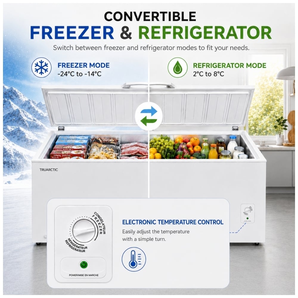 TruArctic convertible chest freezer showing freezer mode from -24°C to -14°C and refrigerator mode from 2°C to 8°C with adjustable temperature control.