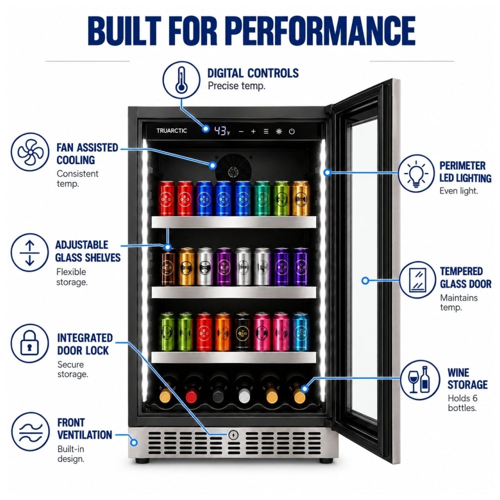 TruArctic 24-inch stainless steel beverage center with digital temperature controls, fan-assisted cooling, adjustable glass shelves, perimeter LED lighting, tempered glass door, integrated lock, front ventilation, and six-bottle wine storage.