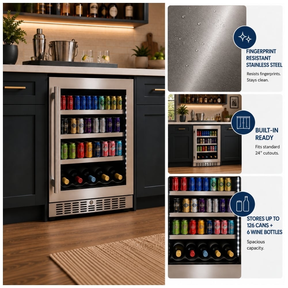 TruArctic 24-inch stainless steel beverage center featuring fingerprint-resistant finish, built-in undercounter design, glass door, LED interior lighting, adjustable shelves, and spacious storage for up to 126 cans and 6 wine bottles.