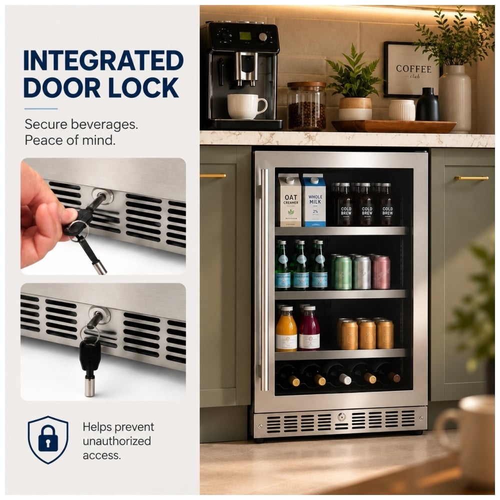 TruArctic 24-inch stainless steel beverage center with integrated door lock and key, built-in undercounter design, glass door, LED interior lighting, and adjustable shelves for storing beverages securely.