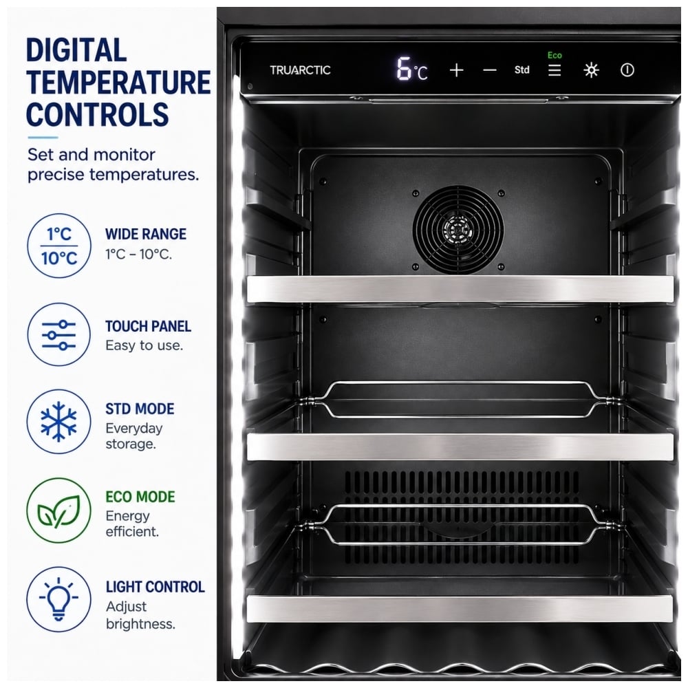 TruArctic 24-inch beverage refrigerator featuring digital temperature controls with a 1°C to 10°C range, intuitive touch panel, Standard and Eco cooling modes, and adjustable LED lighting brightness.