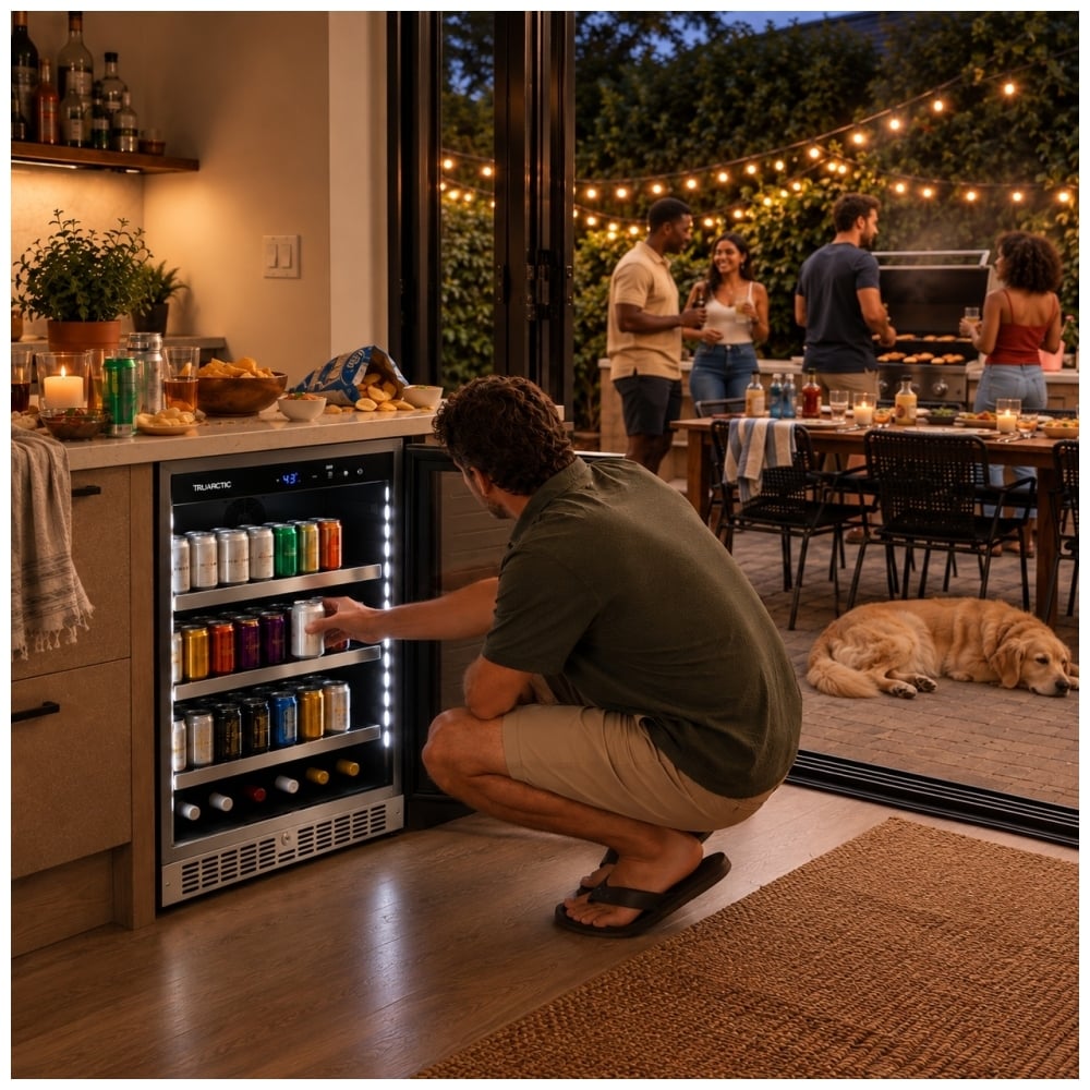TruArctic 24-inch built-in beverage refrigerator with glass door, LED interior lighting, adjustable shelves, and wine bottle storage. A man selects a chilled drink while friends enjoy an outdoor barbecue and a dog rests nearby.