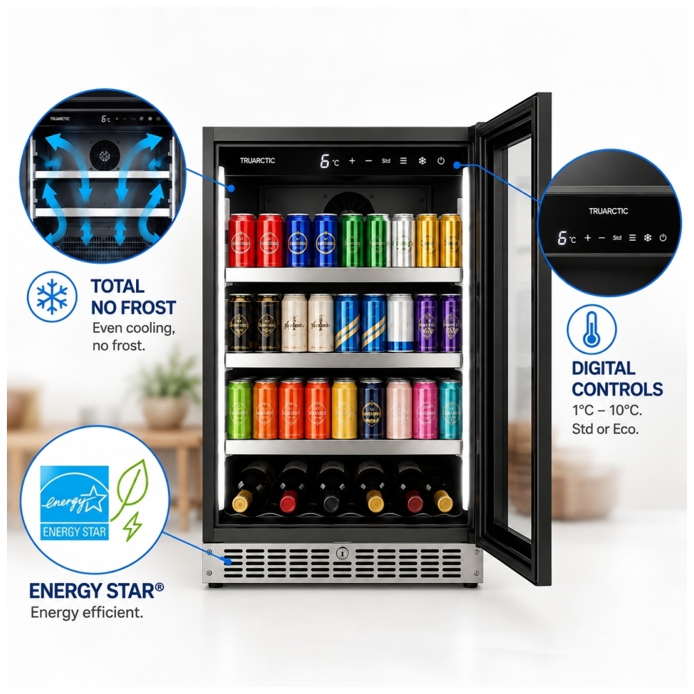 TruArctic 24-inch beverage center with fan-assisted frost-free cooling, digital temperature controls adjustable from 1°C to 10°C, Standard and Eco modes, ENERGY STAR efficiency, glass shelves, LED lighting, and storage for cans and wine bottles.