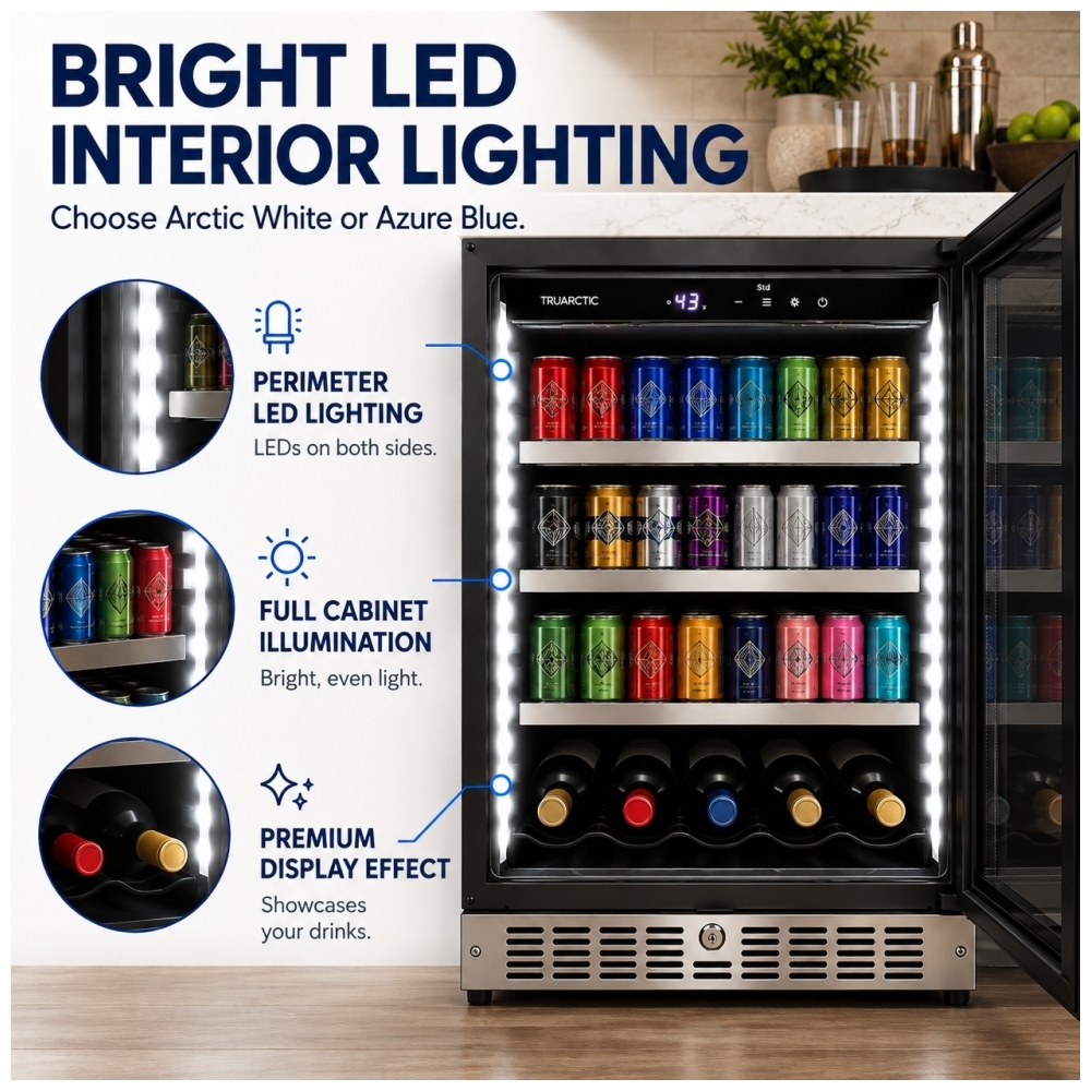 TruArctic 24-inch stainless steel beverage center featuring bright perimeter LED lighting on both sides, Arctic White and Azure Blue colour options, and full cabinet illumination to showcase canned drinks and wine bottles through the glass door.