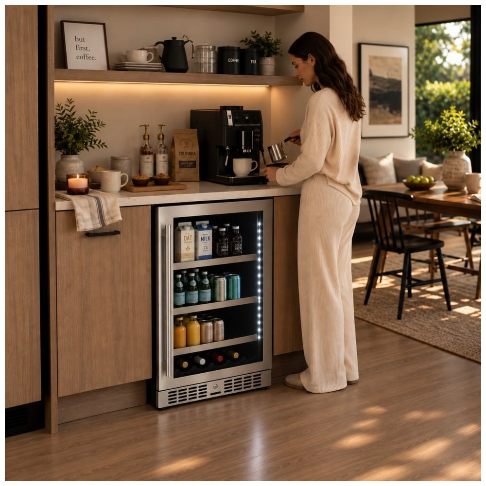 Last one please TruArctic 24-inch stainless steel undercounter beverage refrigerator with glass door, LED interior lighting, adjustable shelves, and wine bottle storage, shown in a warm modern kitchen as a woman prepares her morning coffee.