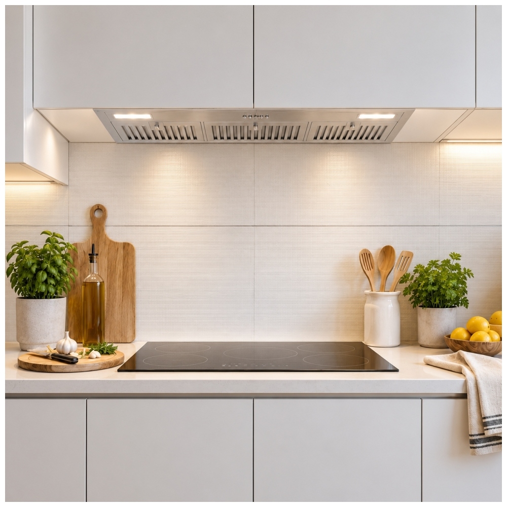 TruArctic 36-inch stainless steel cabinet insert range hood with three baffle filters and LED lighting installed above a modern cooktop.