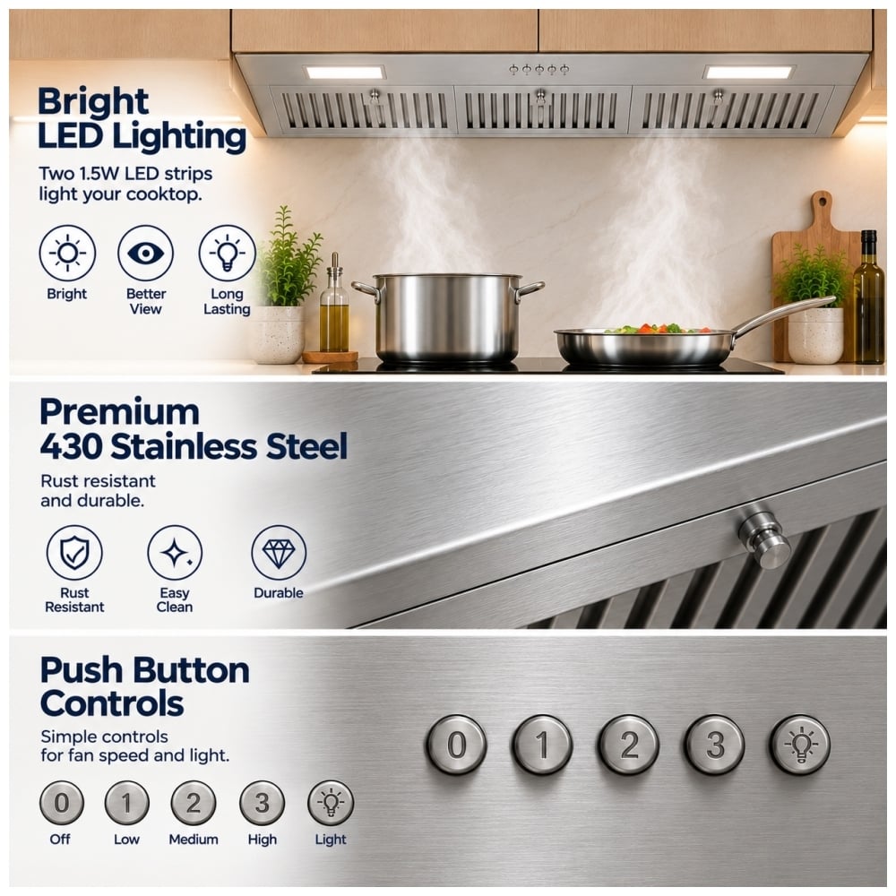 TruArctic 36-inch stainless steel insert range hood highlighting bright LED lighting, durable 430 stainless steel and push button fan controls.