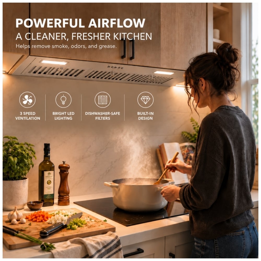 TruArctic 36-inch stainless steel insert range hood over a cooktop, featuring 3-speed ventilation, bright LED lighting and dishwasher-safe baffle filters.