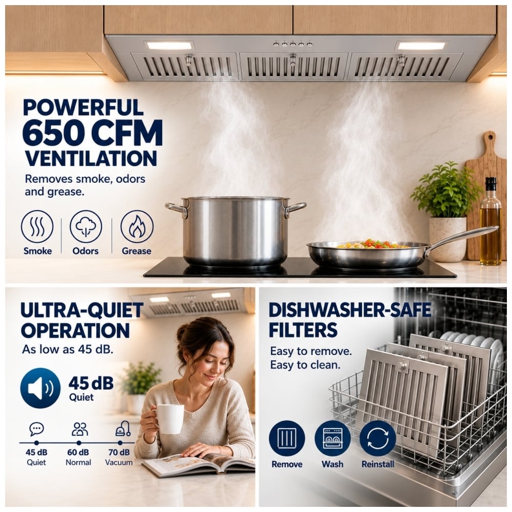 TruArctic 36-inch stainless steel insert range hood featuring powerful 650 CFM ventilation, quiet 45 dB operation and dishwasher-safe baffle filters.