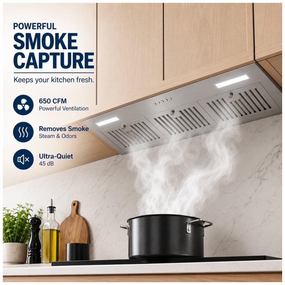 TruArctic 36-inch stainless steel insert range hood capturing cooking smoke with powerful 650 CFM ventilation and ultra-quiet 45 dB operation.