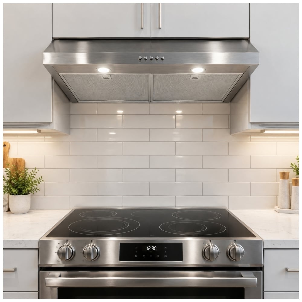 TruArctic 30 inch stainless steel under cabinet range hood installed above an electric range, featuring dual LED cooktop lights and aluminum mesh filters.