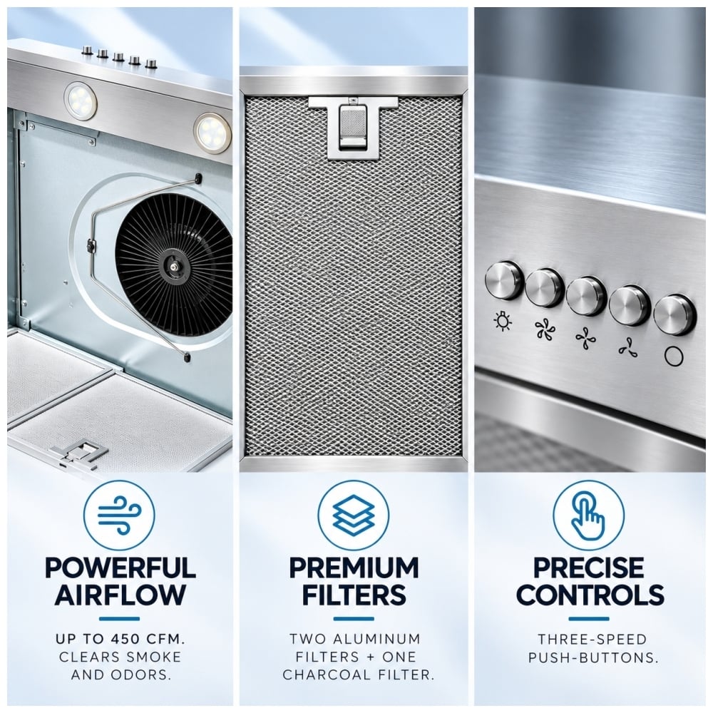 TruArctic 30 inch stainless steel range hood featuring 450 CFM airflow, aluminum mesh filters, charcoal filter and three speed push button controls.