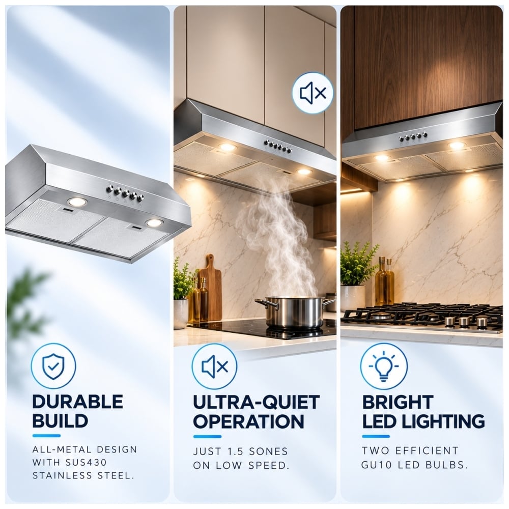 TruArctic 30 inch stainless steel range hood highlighting durable all metal construction, quiet 1.5 sone operation and bright dual GU10 LED lighting.