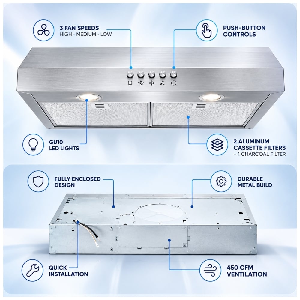 TruArctic 30 inch under cabinet range hood featuring three fan speeds, push button controls, GU10 LED lights, aluminum filters and 450 CFM ventilation.