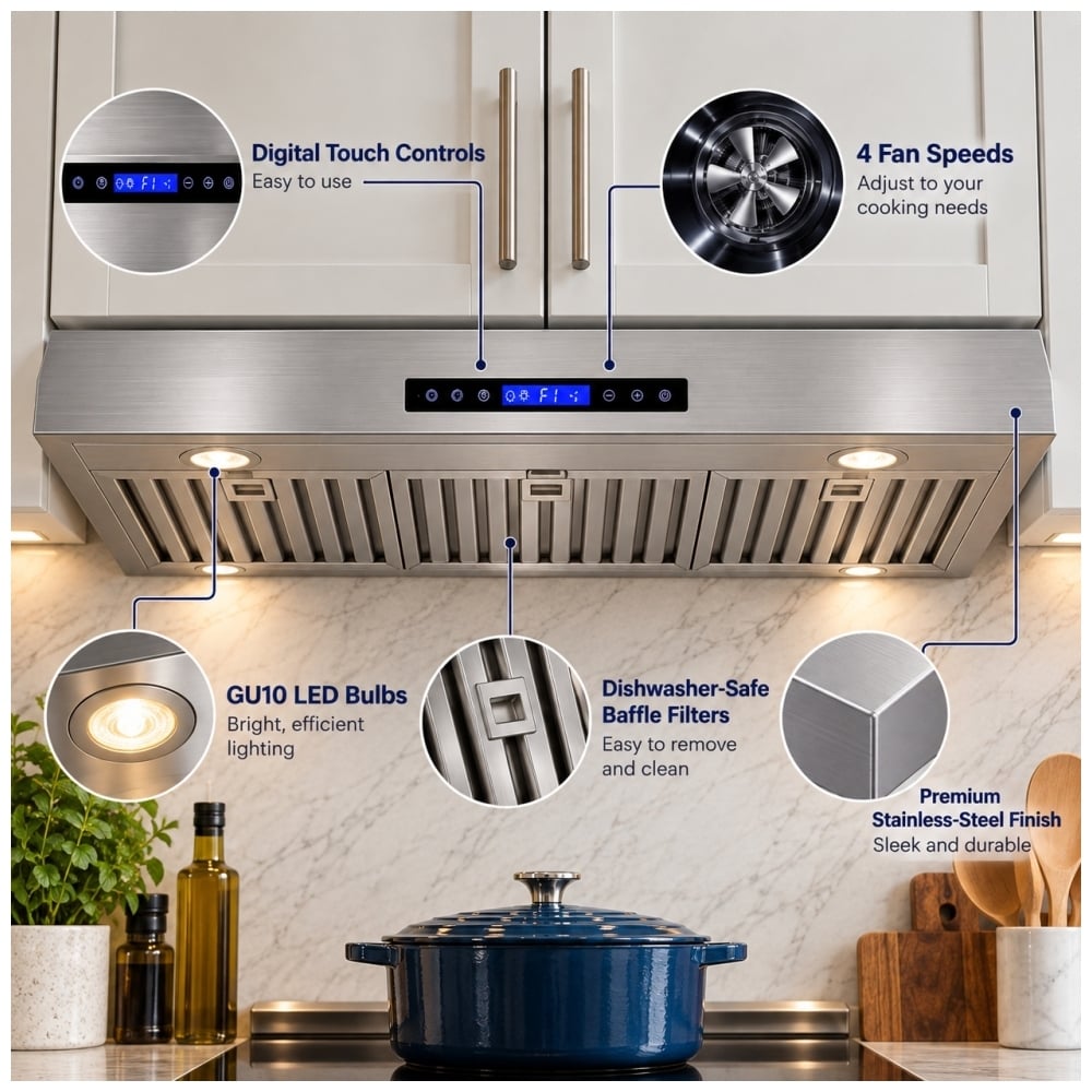 TruArctic stainless steel under cabinet range hood featuring digital touch controls, four fan speeds, GU10 LED bulbs, dishwasher safe baffle filters and premium stainless steel finish.