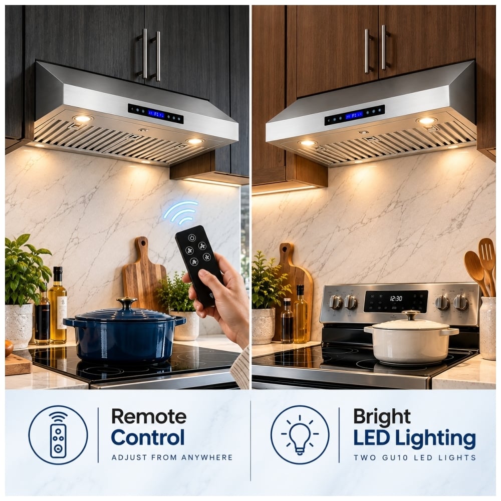TruArctic stainless steel under cabinet range hood featuring remote control operation and bright dual GU10 LED lighting above electric ranges.