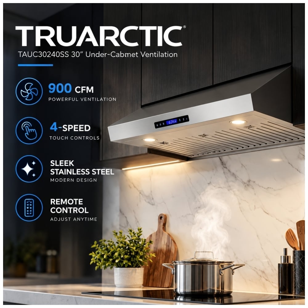 TruArctic 30 inch stainless steel under cabinet range hood featuring 900 CFM ventilation, four speed touch controls, LED lighting and remote control.