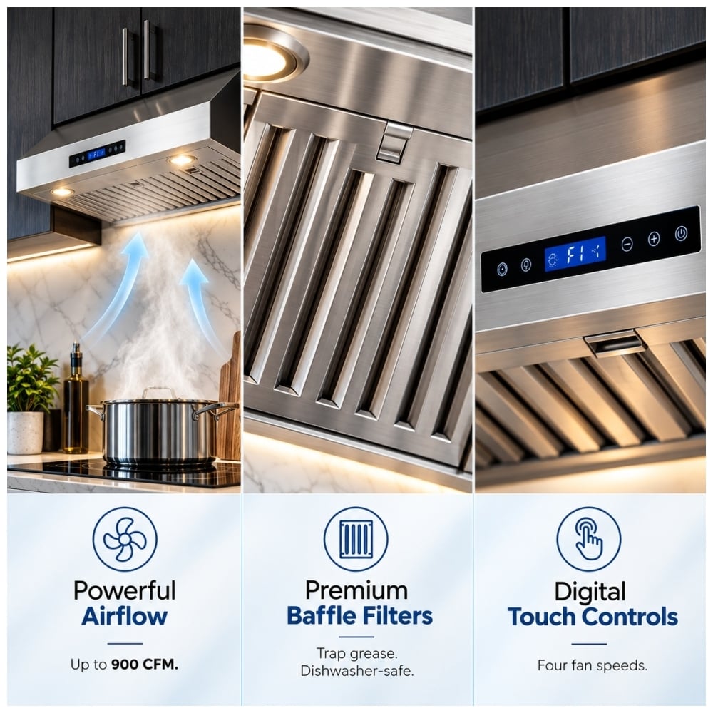 TruArctic under cabinet range hood featuring powerful airflow up to 900 CFM, stainless steel baffle filters and four speed digital touch controls.