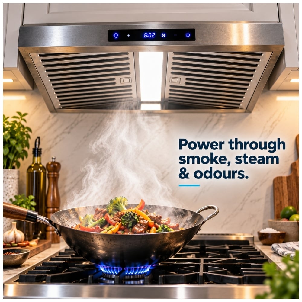 TruArctic TAUC30BLSS 30 inch stainless steel under cabinet range hood clearing smoke and steam from high heat wok cooking