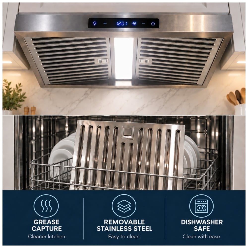 TruArctic TAUC30BLSS stainless steel range hood with removable dishwasher safe baffle filters for grease capture and easy cleaning
