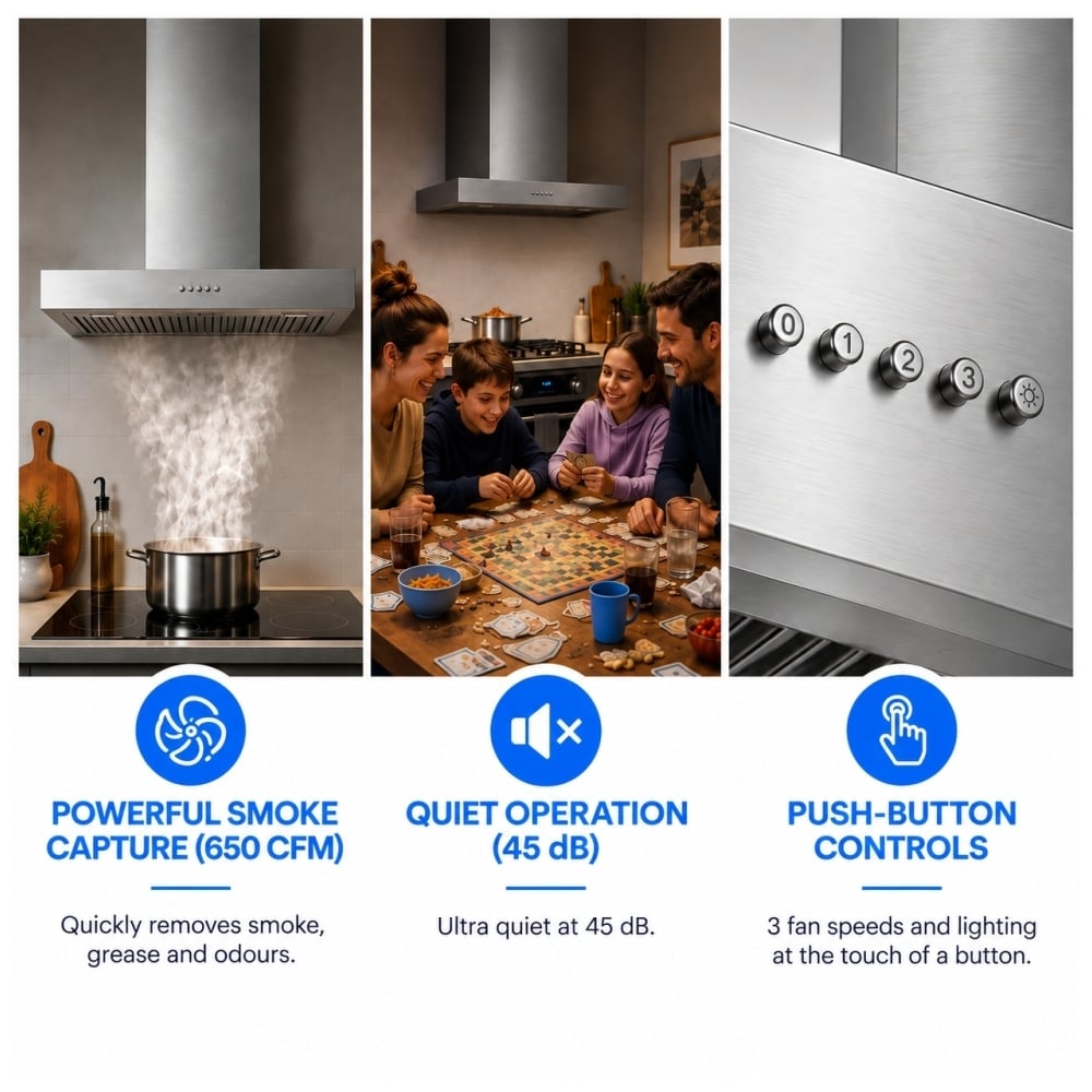 TruArctic TAWM36SS 36-inch stainless steel wall mount range hood featuring powerful 650 CFM smoke capture, quiet 45 dB operation, and push-button controls with 3 fan speeds and lighting.