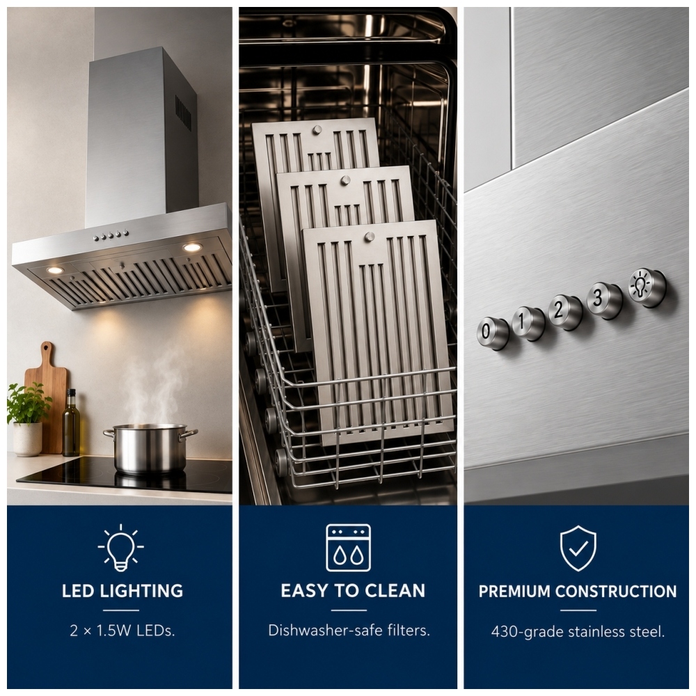 TruArctic TAWM36SS 36-inch stainless steel wall mount range hood featuring dual 1.5W LED lights, three dishwasher-safe baffle filters, and durable 430-grade stainless steel construction.