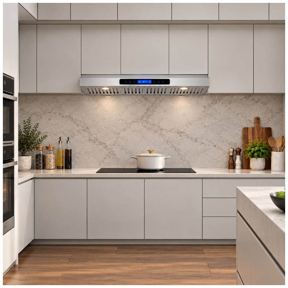 TruArctic 36 inch stainless steel under cabinet range hood installed in a modern kitchen, featuring digital touch controls, three baffle filters and two illuminated LED lights above an electric cooktop with a covered pot.