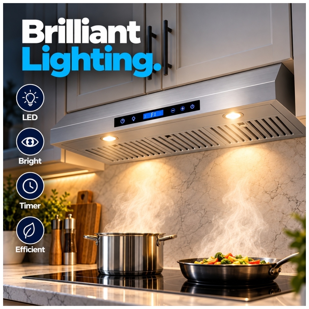 This one next please TruArctic 36 inch stainless steel under cabinet range hood with dual GU10 LED lights illuminating an electric cooktop, digital touch controls, and three baffle filters in a modern kitchen.