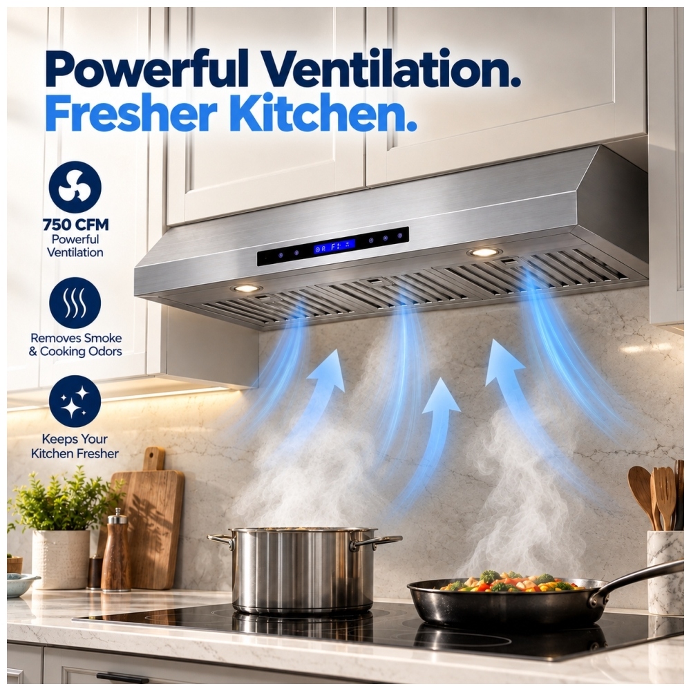 TruArctic 36 inch stainless steel under cabinet range hood with 750 CFM ventilation, blue airflow arrows illustrating smoke and cooking odour removal above an electric cooktop.