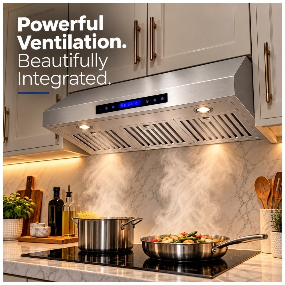 TruArctic 36 inch stainless steel under cabinet range hood in a modern kitchen, featuring illuminated GU10 LED lights, digital touch controls, and powerful ventilation above a steaming pot and skillet on an electric cooktop.