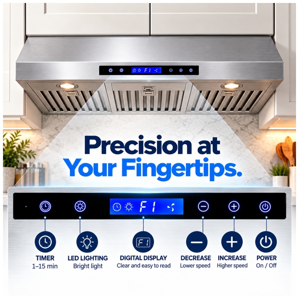 TruArctic 36 inch stainless steel under cabinet range hood featuring illuminated digital touch controls, adjustable fan speeds, LED lighting, and a 1–15 minute delay timer.